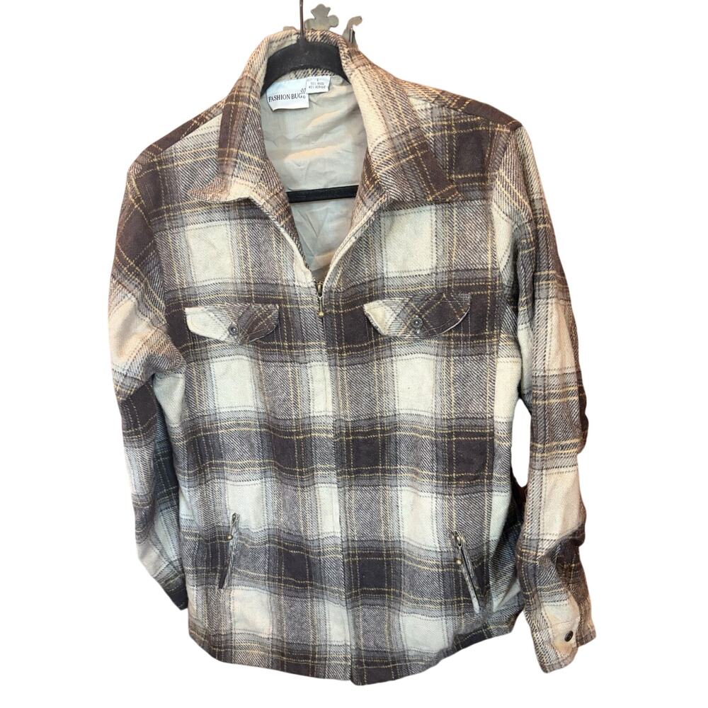 VTG Fashion Bug Brown Tan Plaid Shacket Sz L 1970’s Wool Acrylic Chore Jacket